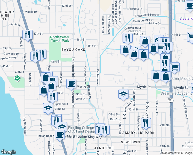 map of restaurants, bars, coffee shops, grocery stores, and more near 1384 39th Street in Sarasota
