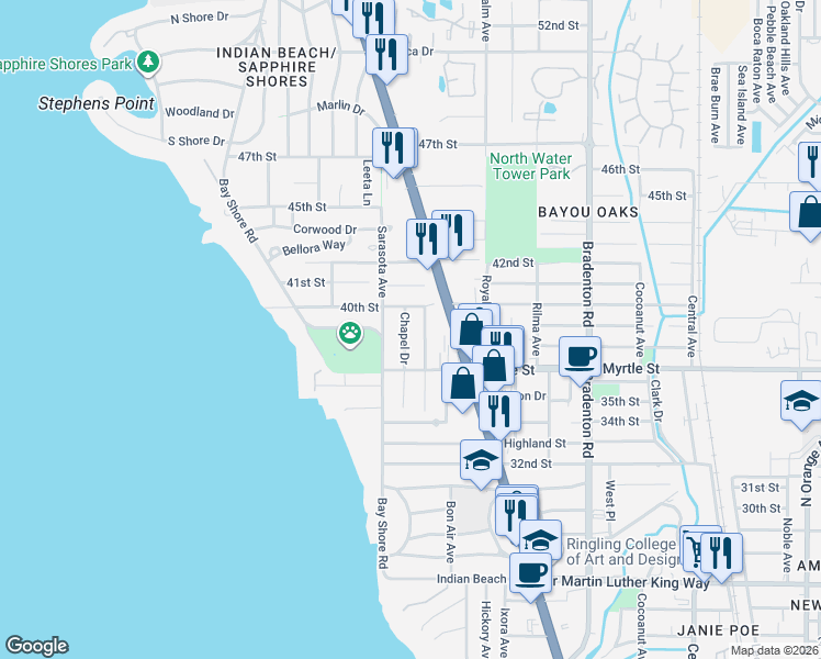 map of restaurants, bars, coffee shops, grocery stores, and more near 3842 Chapel Drive in Sarasota