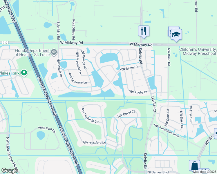 map of restaurants, bars, coffee shops, grocery stores, and more near 5400 Northwest Rugby Drive in Port St. Lucie