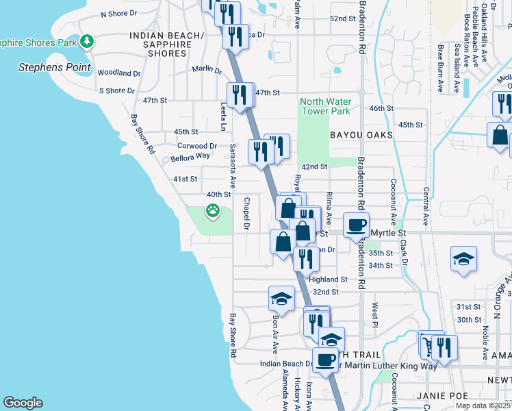 map of restaurants, bars, coffee shops, grocery stores, and more near 3934 Chapel Drive in Sarasota