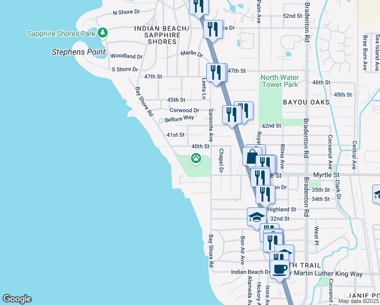 map of restaurants, bars, coffee shops, grocery stores, and more near 3906 Bay Shore Road in Sarasota