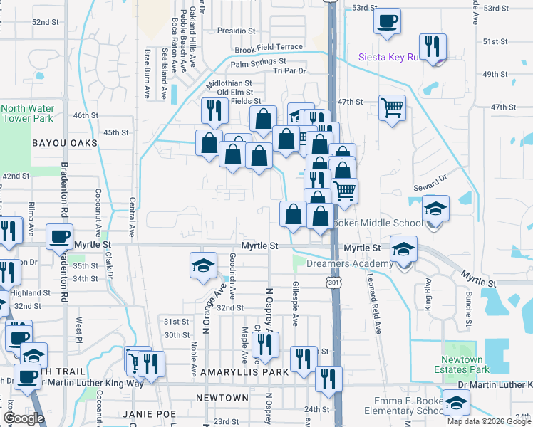 map of restaurants, bars, coffee shops, grocery stores, and more near 3950 North Osprey Avenue in Sarasota