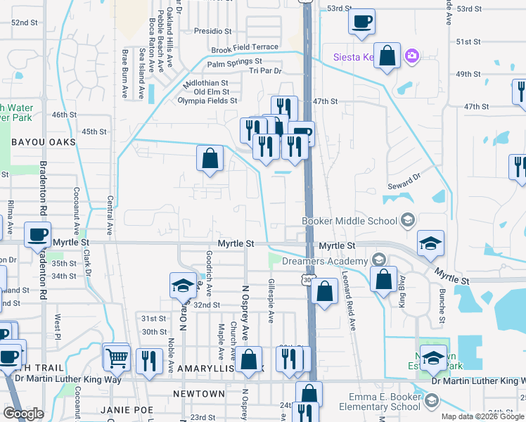 map of restaurants, bars, coffee shops, grocery stores, and more near 3 Butler Avenue in Sarasota
