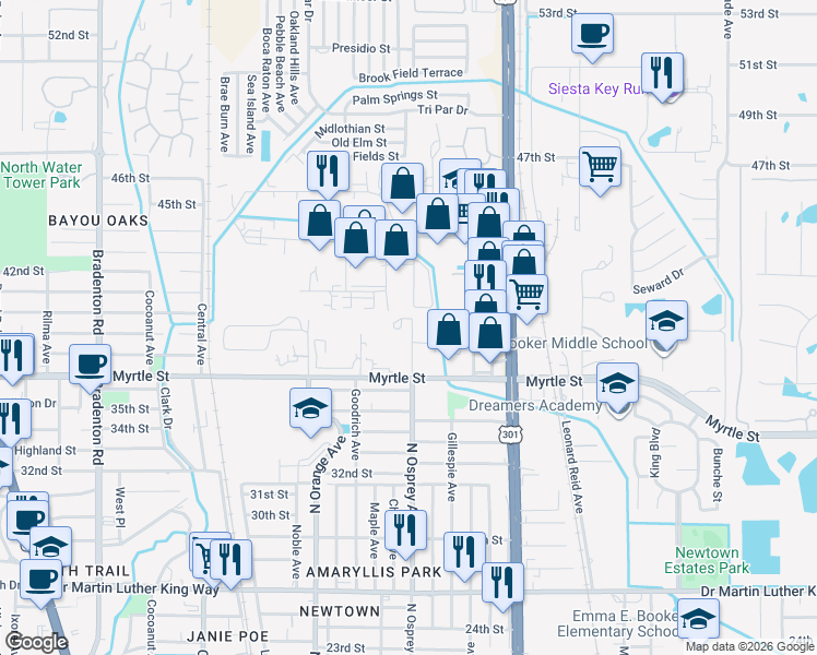 map of restaurants, bars, coffee shops, grocery stores, and more near 3950 North Osprey Avenue in Sarasota