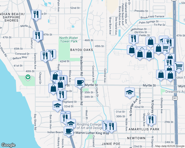 map of restaurants, bars, coffee shops, grocery stores, and more near 3905 Cocoanut Ave in Sarasota