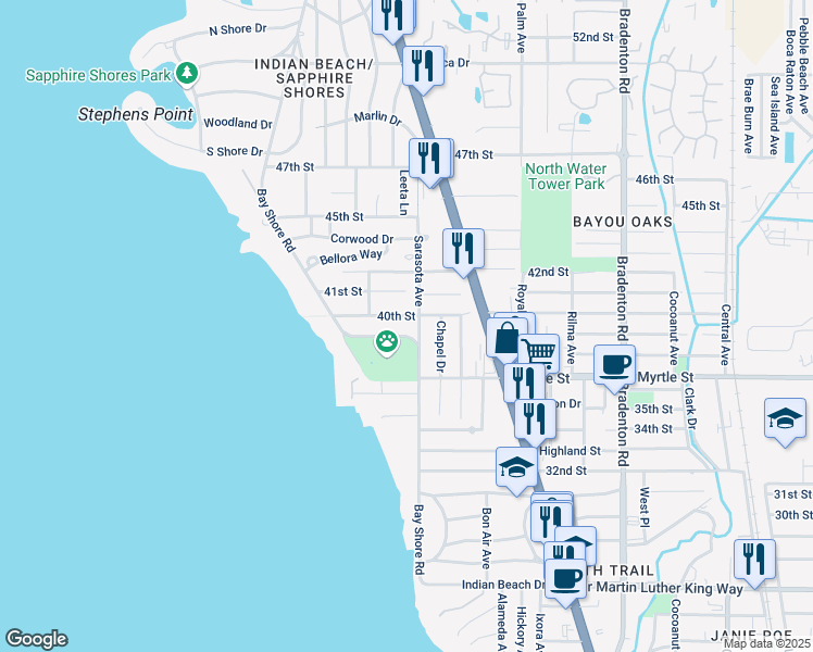 map of restaurants, bars, coffee shops, grocery stores, and more near 3818 Bay Shore Road in Sarasota