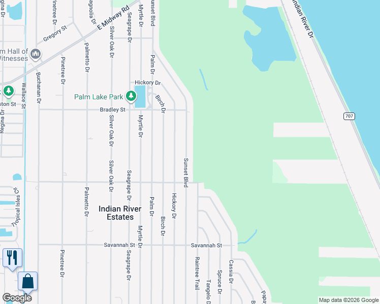 map of restaurants, bars, coffee shops, grocery stores, and more near 5212 Sunset Boulevard in Fort Pierce