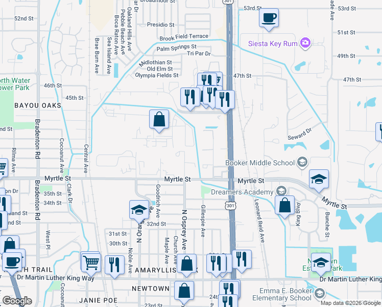 map of restaurants, bars, coffee shops, grocery stores, and more near 3950 North Osprey Avenue in Sarasota