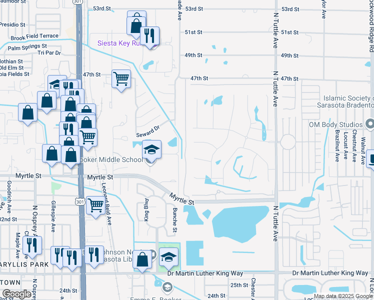 map of restaurants, bars, coffee shops, grocery stores, and more near 1338 Grantham Drive in Sarasota