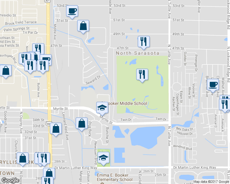 map of restaurants, bars, coffee shops, grocery stores, and more near 1338 Grantham Drive in Sarasota