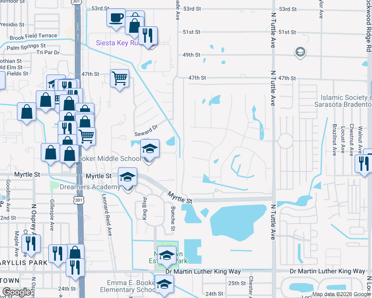 map of restaurants, bars, coffee shops, grocery stores, and more near 1338 Grantham Drive in Sarasota