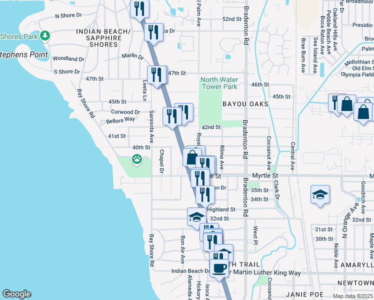 map of restaurants, bars, coffee shops, grocery stores, and more near 3995 North Tamiami Trail in Sarasota