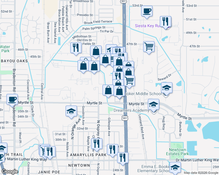 map of restaurants, bars, coffee shops, grocery stores, and more near 3 Butler Avenue in Sarasota
