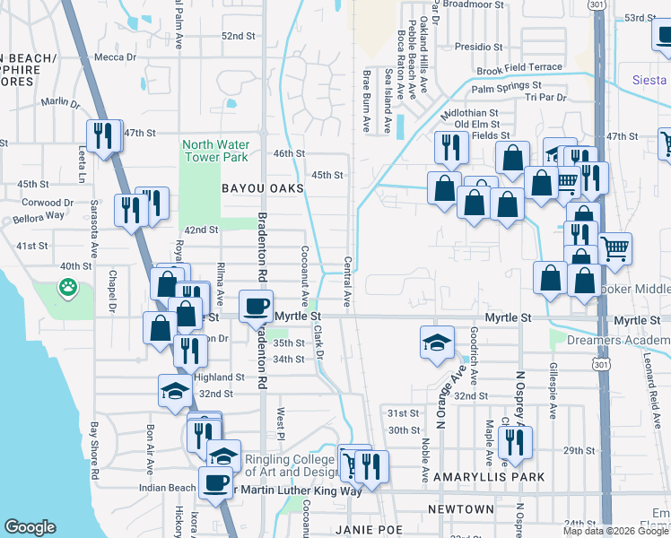 map of restaurants, bars, coffee shops, grocery stores, and more near 3925 Central Avenue in Sarasota