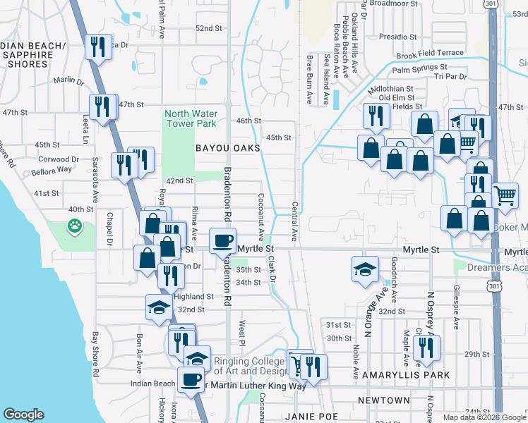 map of restaurants, bars, coffee shops, grocery stores, and more near 3905 Cocoanut Avenue in Sarasota