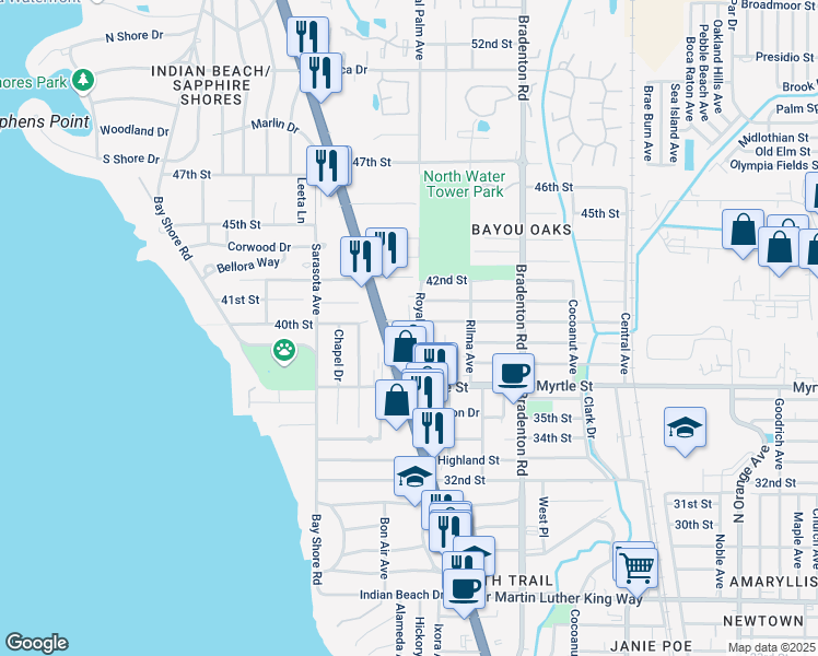 map of restaurants, bars, coffee shops, grocery stores, and more near 3919 Royal Palm Avenue in Sarasota