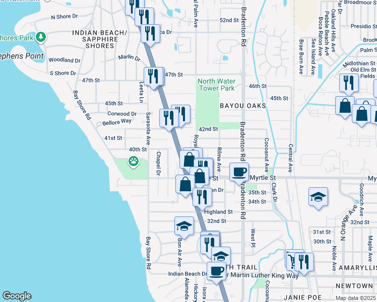 map of restaurants, bars, coffee shops, grocery stores, and more near 3919 Royal Palm Avenue in Sarasota