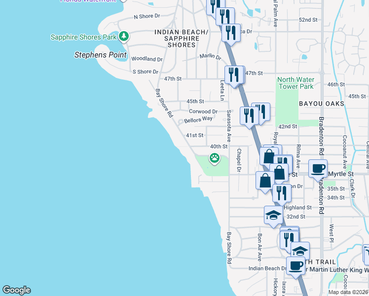 map of restaurants, bars, coffee shops, grocery stores, and more near 3923 Bay Shore Road in Sarasota