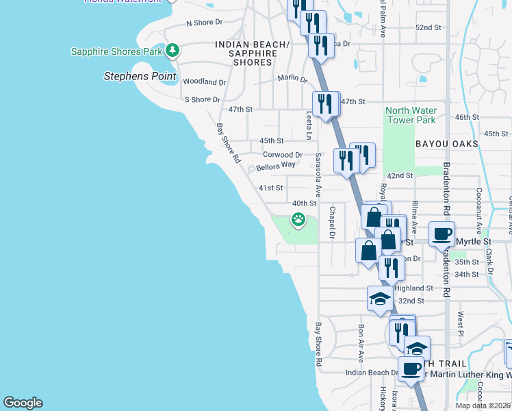map of restaurants, bars, coffee shops, grocery stores, and more near 3923 Bay Shore Road in Sarasota