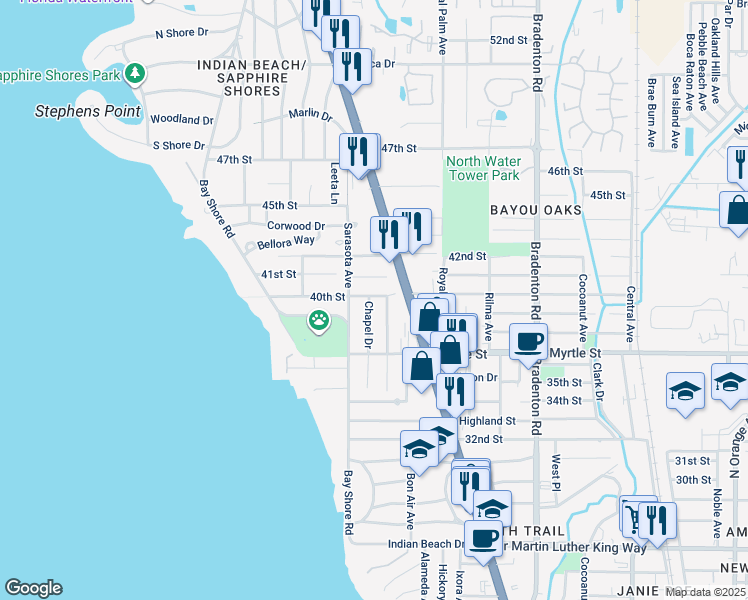 map of restaurants, bars, coffee shops, grocery stores, and more near 3934 Chapel Drive in Sarasota