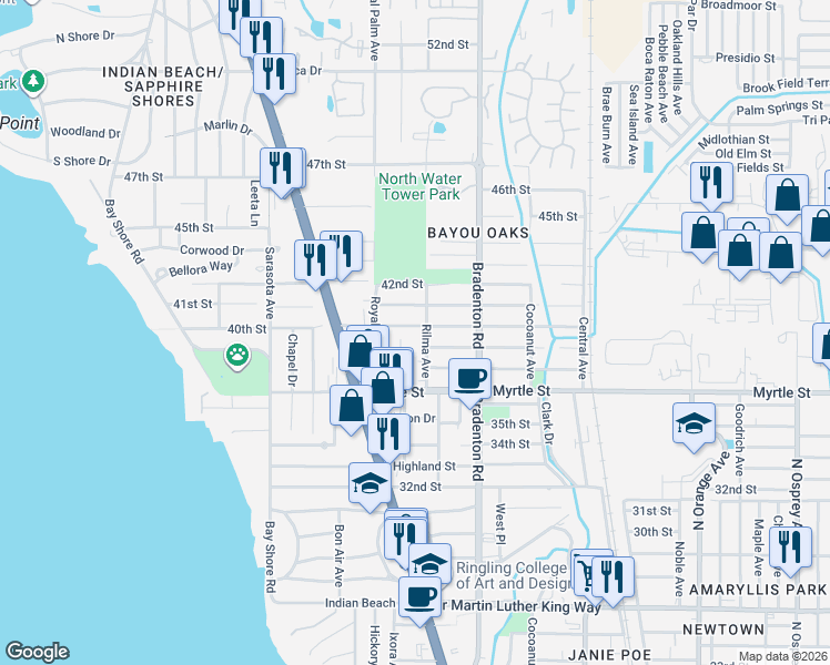 map of restaurants, bars, coffee shops, grocery stores, and more near 3918 Carolina Avenue in Sarasota