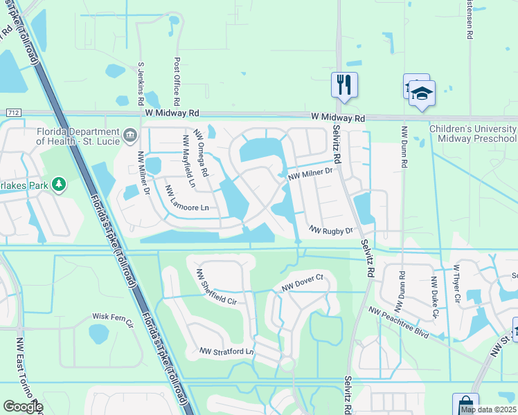 map of restaurants, bars, coffee shops, grocery stores, and more near 5400 Northwest Rugby Drive in Port St. Lucie