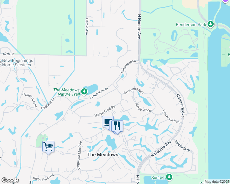 map of restaurants, bars, coffee shops, grocery stores, and more near 5073 Marsh Field Road in Sarasota