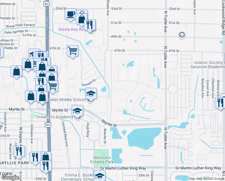 map of restaurants, bars, coffee shops, grocery stores, and more near 1338 Grantham Drive in Sarasota