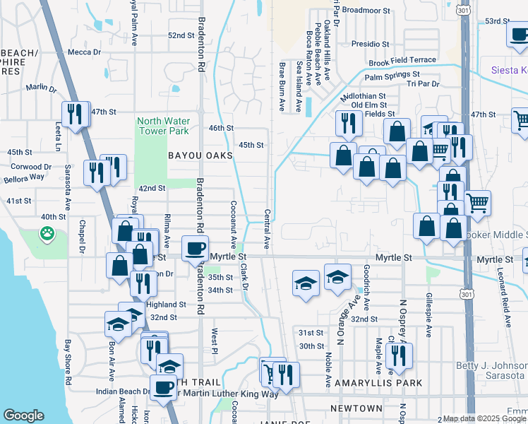 map of restaurants, bars, coffee shops, grocery stores, and more near 3925 Central Avenue in Sarasota