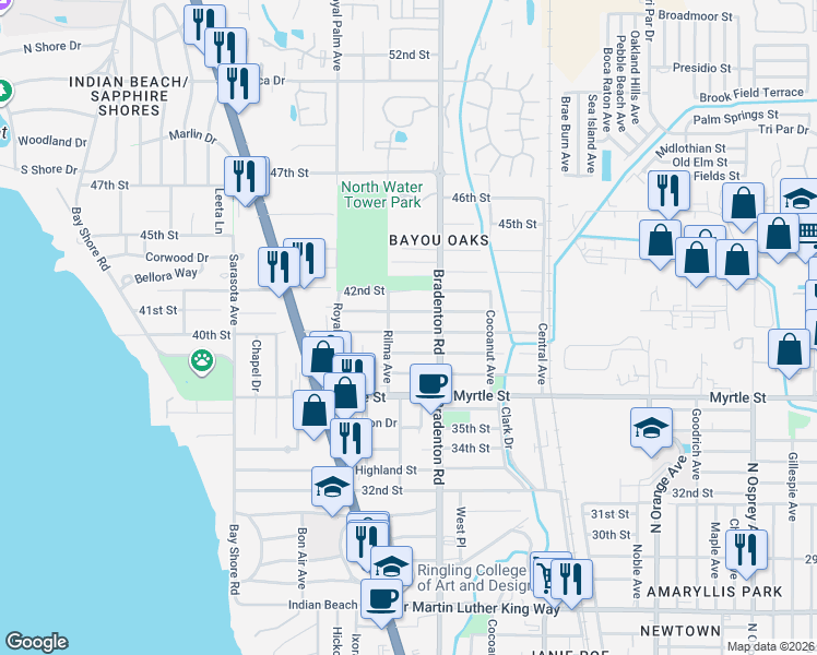 map of restaurants, bars, coffee shops, grocery stores, and more near 1143 39th Street in Sarasota