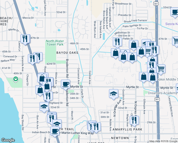 map of restaurants, bars, coffee shops, grocery stores, and more near 3925 Central Avenue in Sarasota