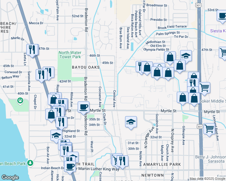 map of restaurants, bars, coffee shops, grocery stores, and more near 3925 Central Avenue in Sarasota