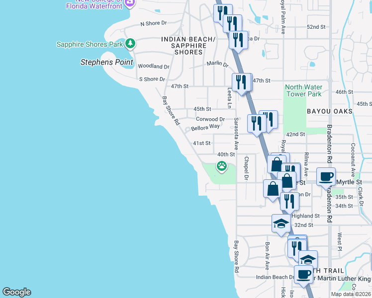 map of restaurants, bars, coffee shops, grocery stores, and more near 4201 Bay Shore Road in Sarasota