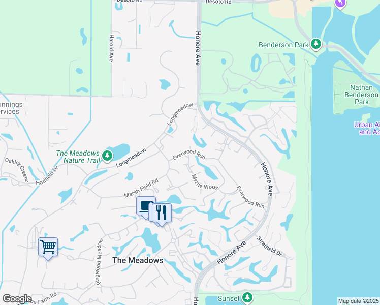 map of restaurants, bars, coffee shops, grocery stores, and more near 5329 Huntingwood Court in Sarasota