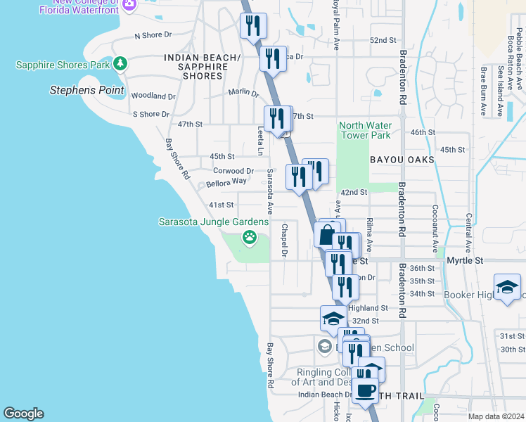 map of restaurants, bars, coffee shops, grocery stores, and more near 4023 Sarasota Avenue in Sarasota