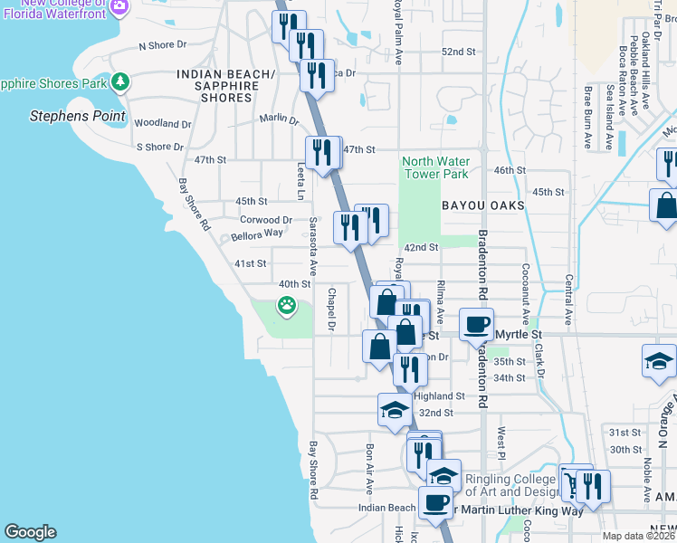 map of restaurants, bars, coffee shops, grocery stores, and more near 846 42nd Street in Sarasota