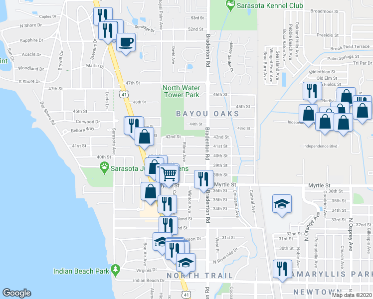 map of restaurants, bars, coffee shops, grocery stores, and more near 1067 41st Street in Sarasota