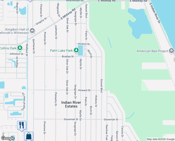 map of restaurants, bars, coffee shops, grocery stores, and more near 5200 Palm Drive in Fort Pierce