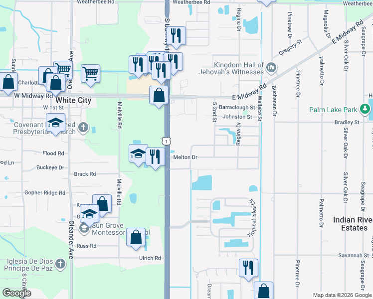 map of restaurants, bars, coffee shops, grocery stores, and more near 302 Melton Drive in Fort Pierce