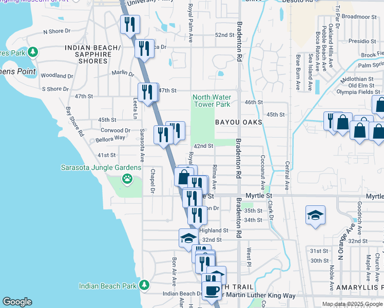 map of restaurants, bars, coffee shops, grocery stores, and more near 4115 Royal Palm Avenue in Sarasota