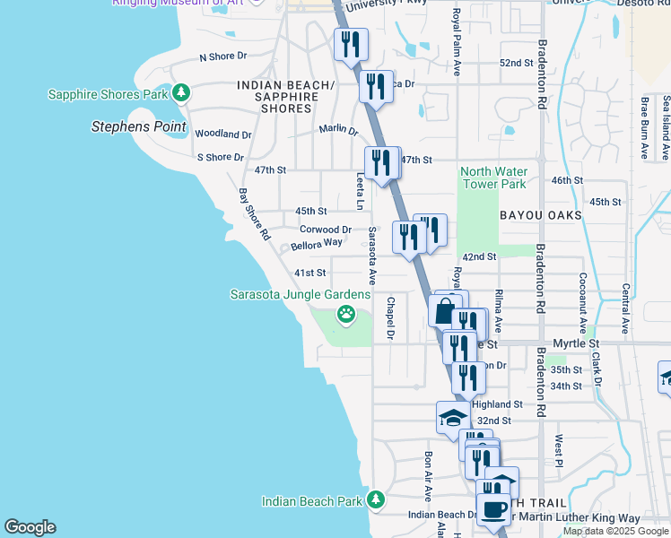 map of restaurants, bars, coffee shops, grocery stores, and more near 4104 Turks Cap Place in Sarasota