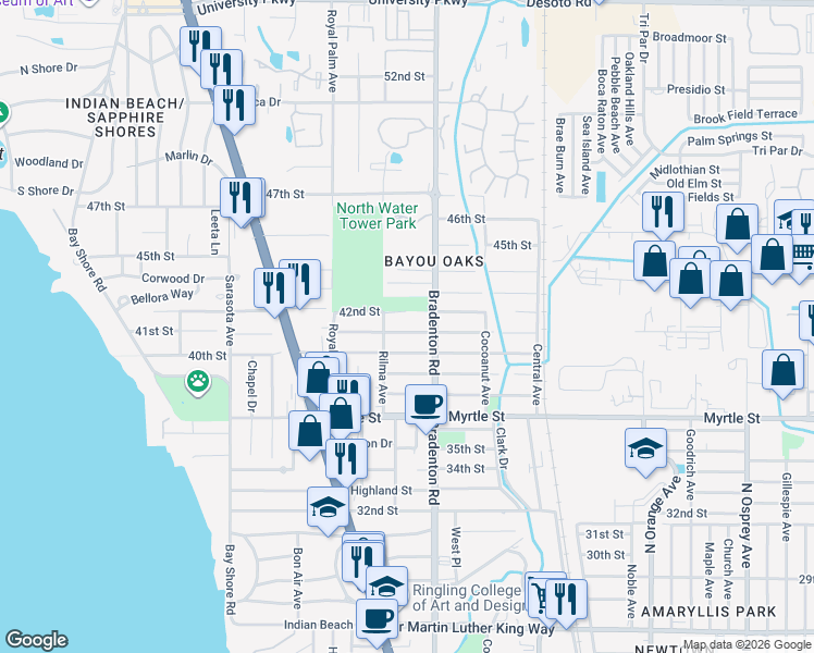 map of restaurants, bars, coffee shops, grocery stores, and more near 1145 41st Street in Sarasota