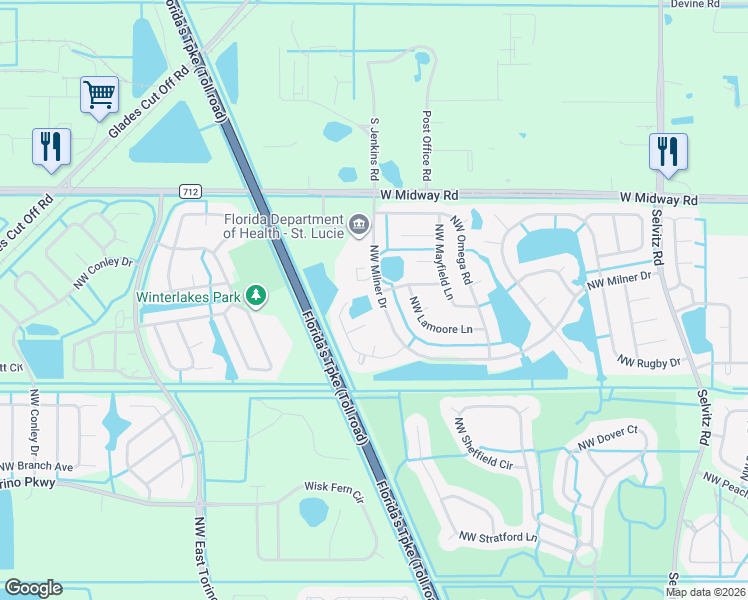map of restaurants, bars, coffee shops, grocery stores, and more near 5302 Northwest Milner Drive in Port St. Lucie