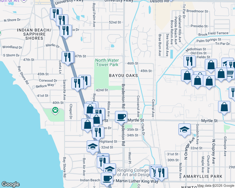 map of restaurants, bars, coffee shops, grocery stores, and more near 1157 41st Street in Sarasota
