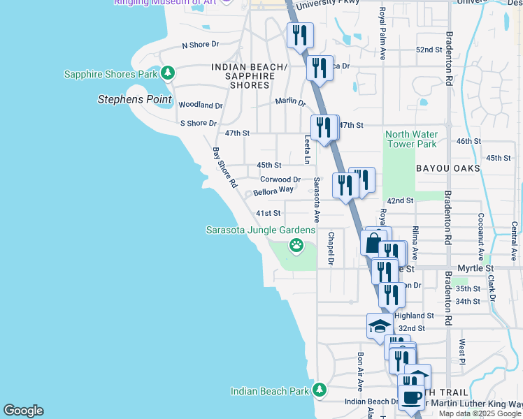 map of restaurants, bars, coffee shops, grocery stores, and more near 629 41st Street in Sarasota