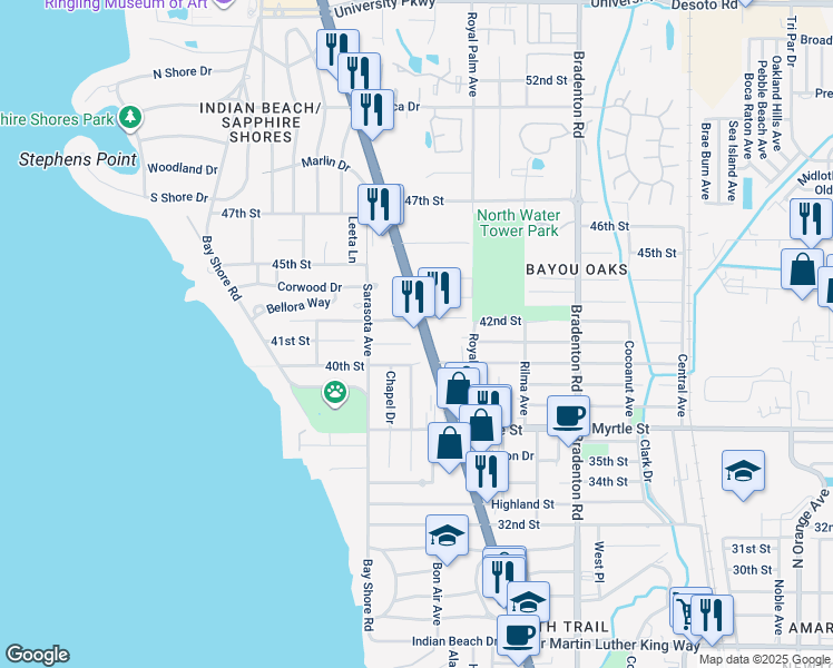map of restaurants, bars, coffee shops, grocery stores, and more near 4108 U.S. 41 in Sarasota