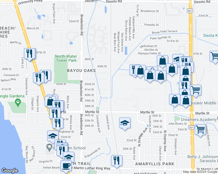 map of restaurants, bars, coffee shops, grocery stores, and more near 4148 Central Avenue in Sarasota