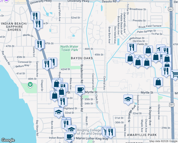 map of restaurants, bars, coffee shops, grocery stores, and more near 1294 42nd Street in Sarasota