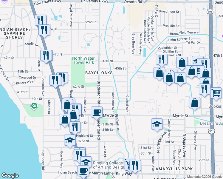 map of restaurants, bars, coffee shops, grocery stores, and more near 1294 42nd Street in Sarasota