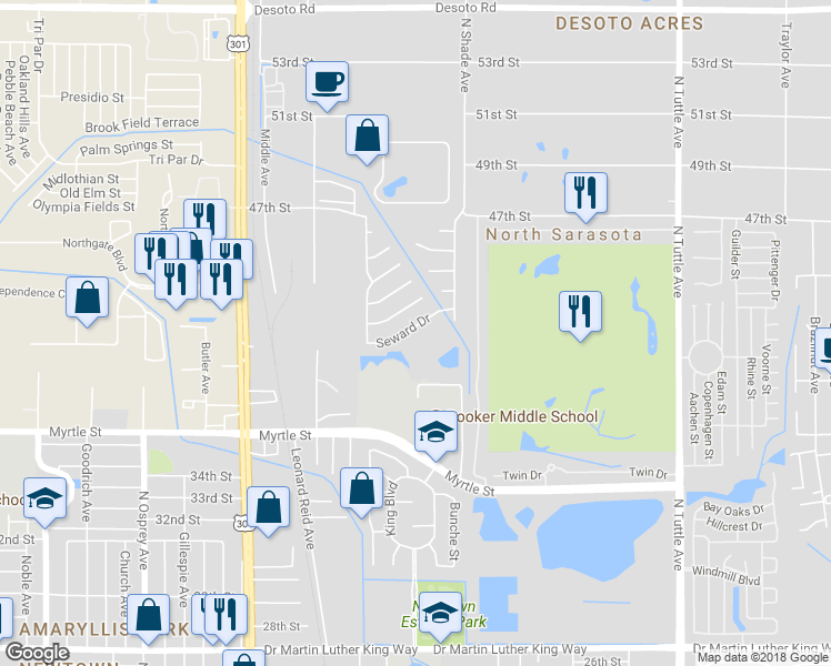 map of restaurants, bars, coffee shops, grocery stores, and more near 2320 Seward Dr in Sarasota